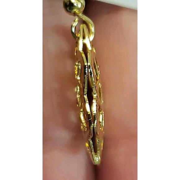 Gold Plated Brass Dangle Earrings Puffy Flower Textured Open Work Design New - Picture 6 of 7